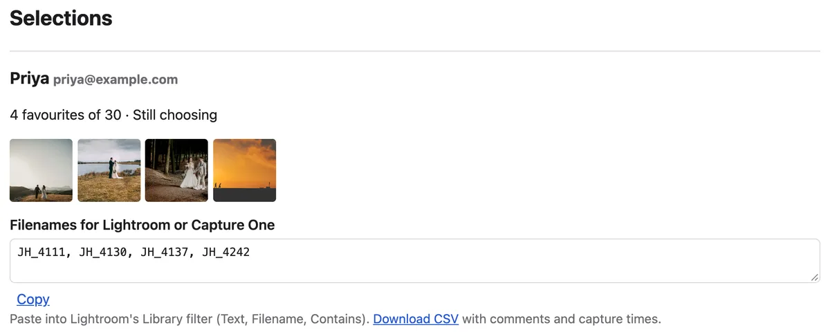 The photographer's view of a client's four favourites, with their file names listed for Lightroom